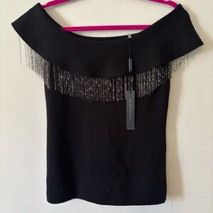 🏷 NWT Elie Tahari Shaelynn Off The Shoulder Short Sleeve Wool Sweater Black Sm